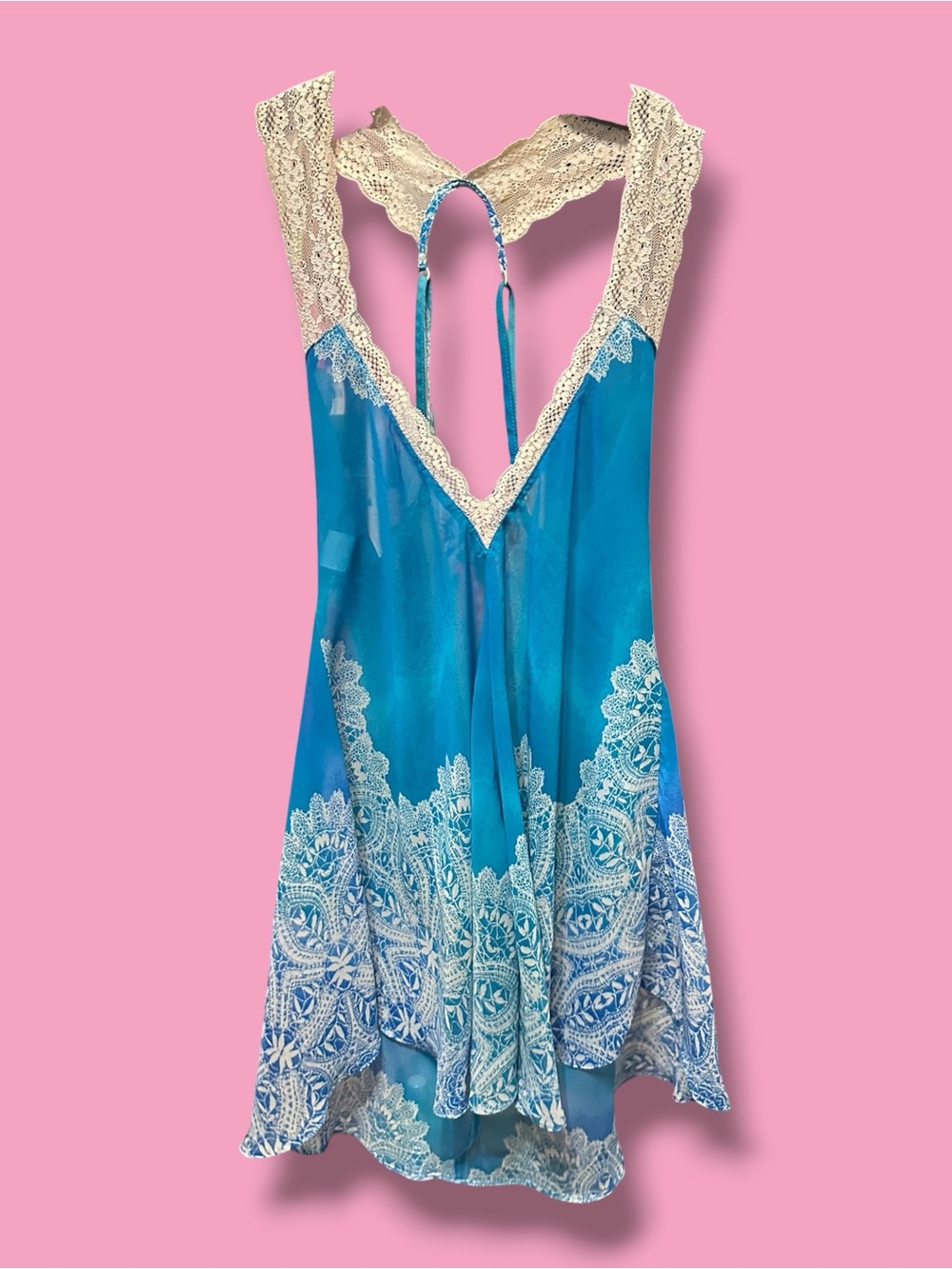 Blue Lace-Trim Floral Chemise with Ivory Accents